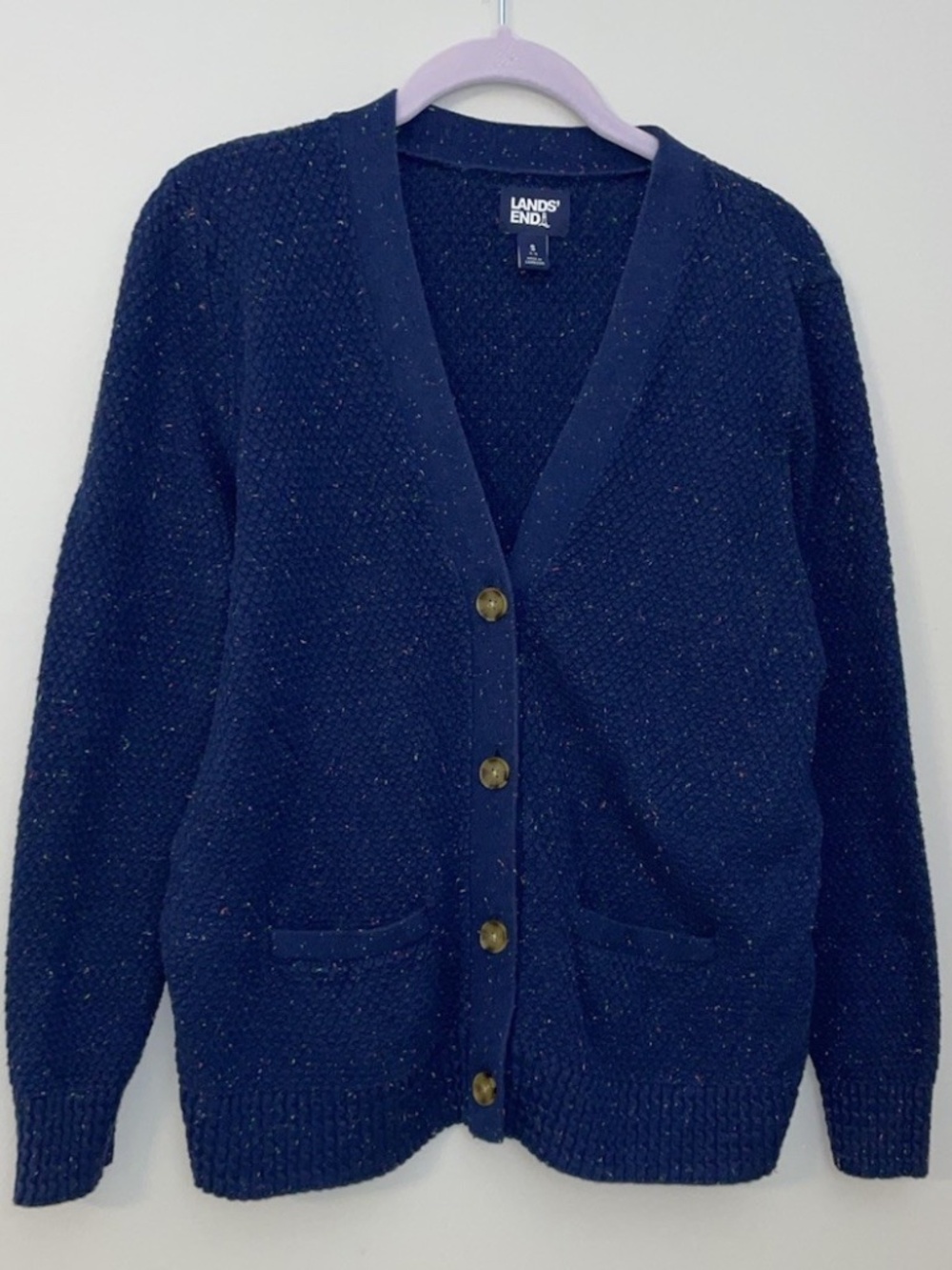 L.L. Bean Women’s S Cardigan  Sweater Cotton Blue  Flecked Pockets Vintage